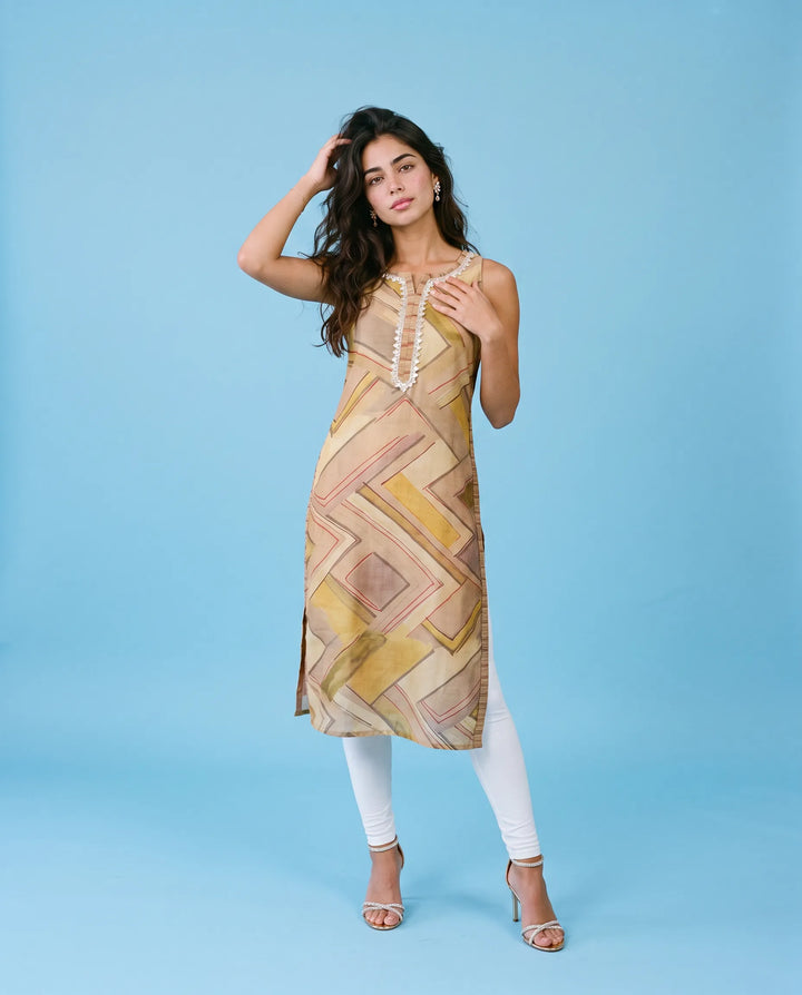 Beige Viscose Blended Sleeveless Straight cut Long Kurta