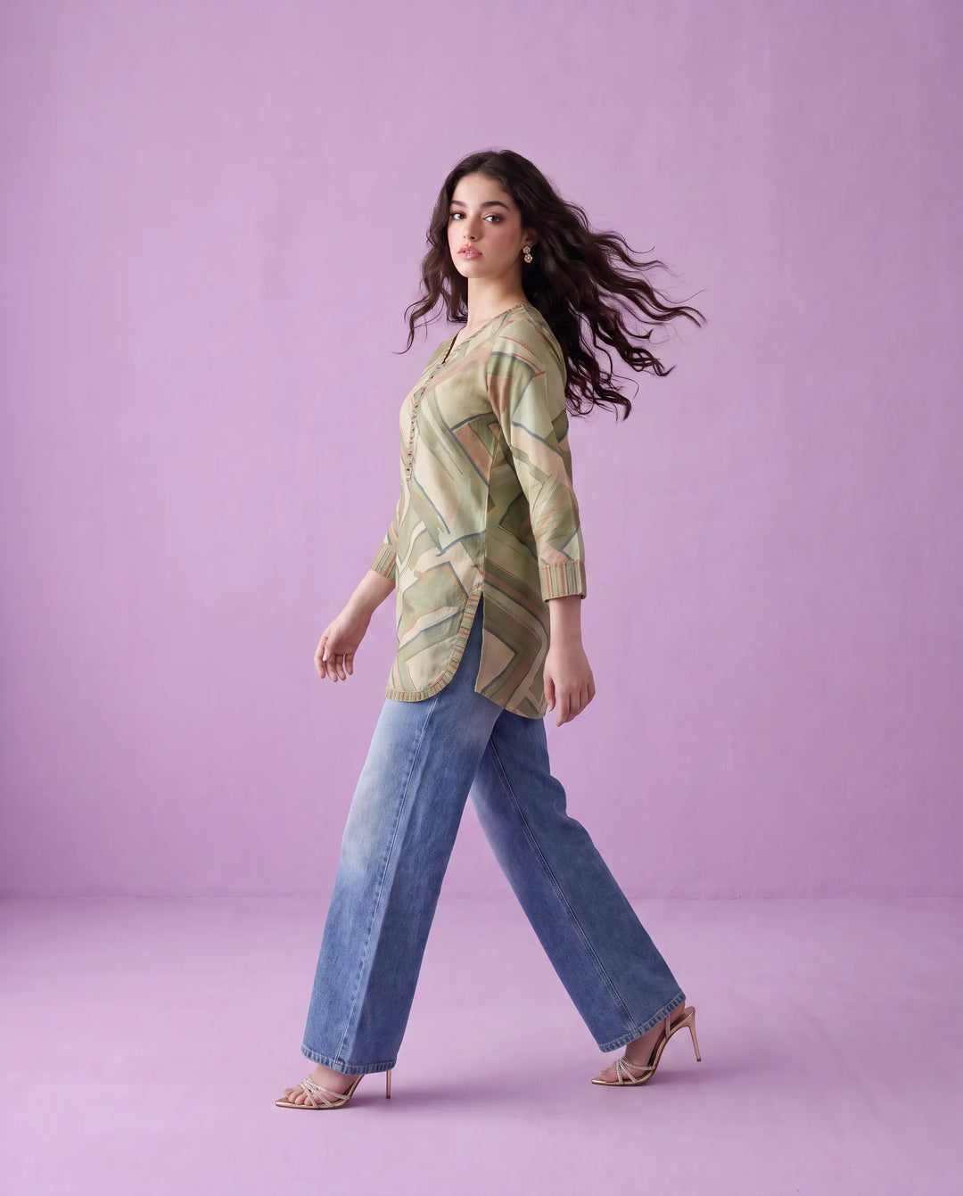 Olive Printed Cotton Blended Short Kurti