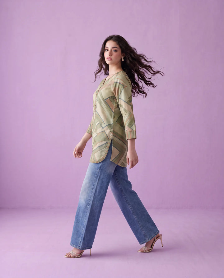 Olive Printed Cotton Blended Short Kurti