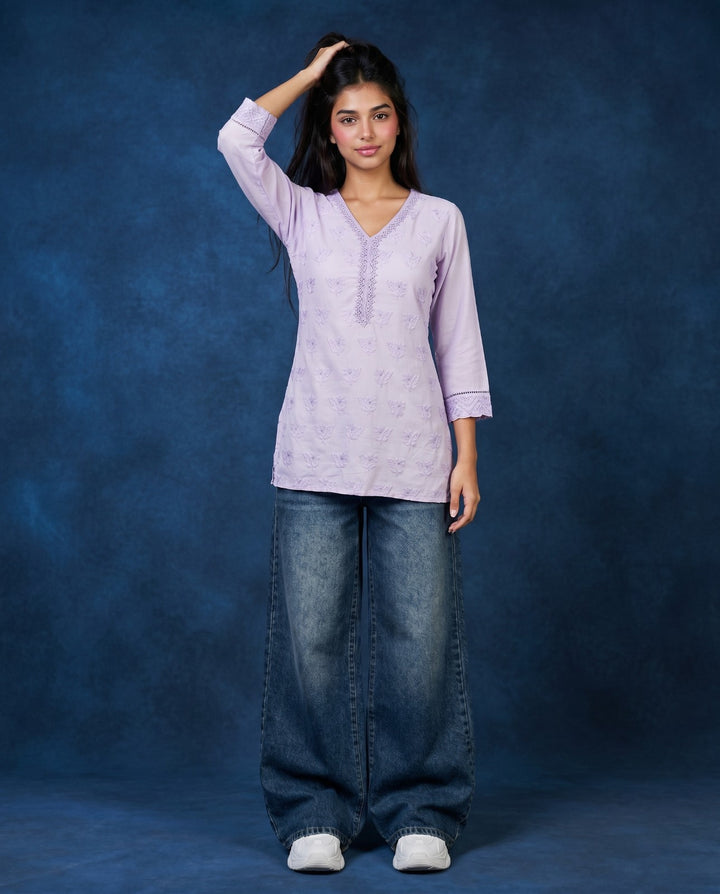 Lavender Embriodered Cotton Short Kurti
