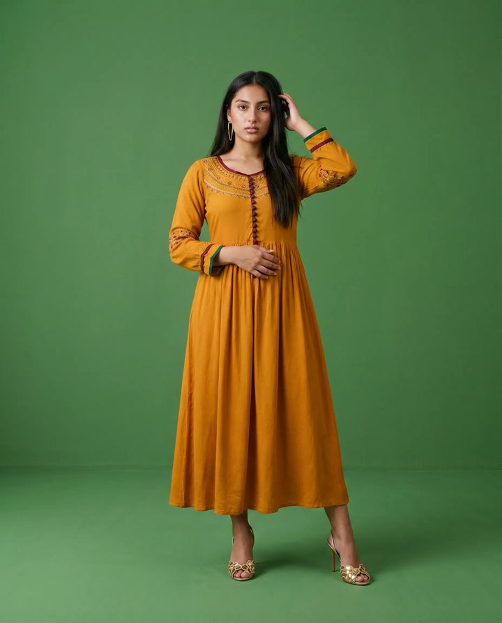 Mustard Embriodered Cotton Maxi Dress