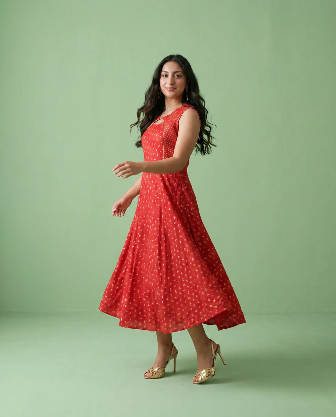 Red Printed Rayon Sleeveless Maxi Dress