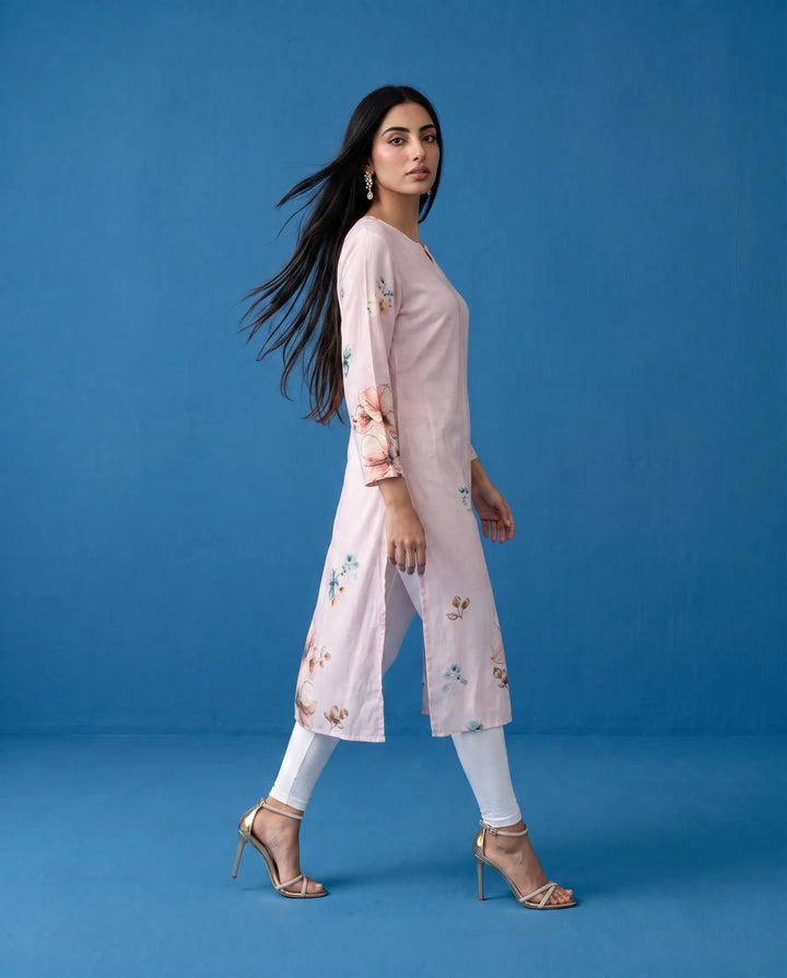 Pink Printed Crepe Silk Straight cut Long Kurta