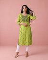 Green Embroidered Viscose Blended 3/4 Sleeves Straight Cut Long Kurta