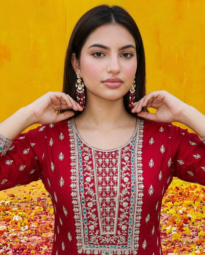 Maroon Embroidered Silk Blended Kurta Bottom Dupatta Set