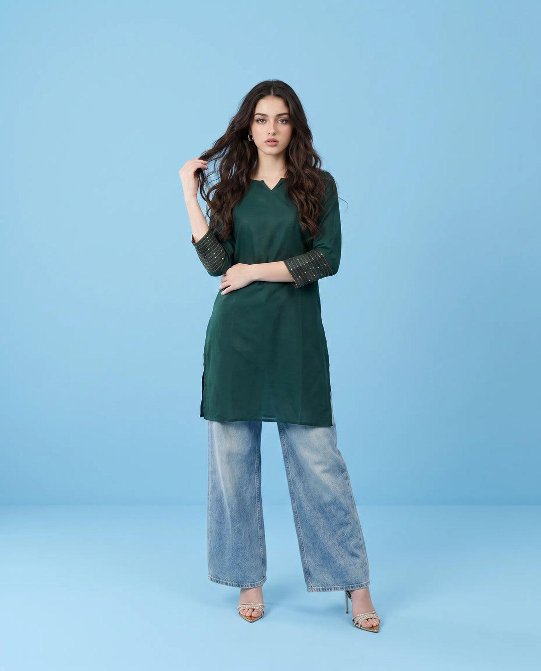 Green Embroidered Cotton Short Kurti