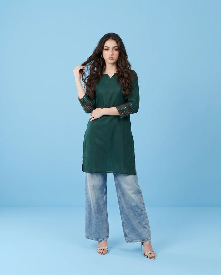 Green Embroidered Cotton Short Kurti