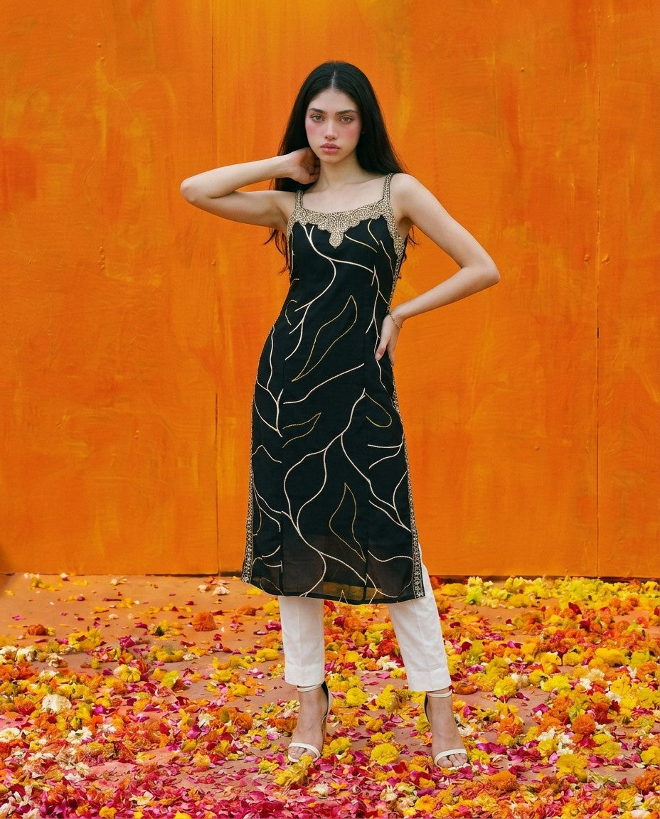 Black Embroidered Viscose Blended Spaghetti Strap Straight Cut Long Kurta
