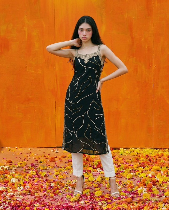 Black Embroidered Viscose Blended Spaghetti Strap Straight Cut Long Kurta