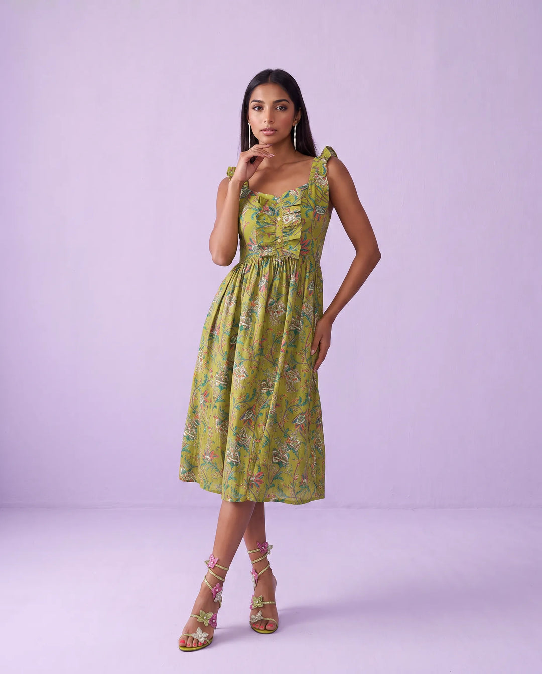 Green Printed Cotton Blended Midi Dress