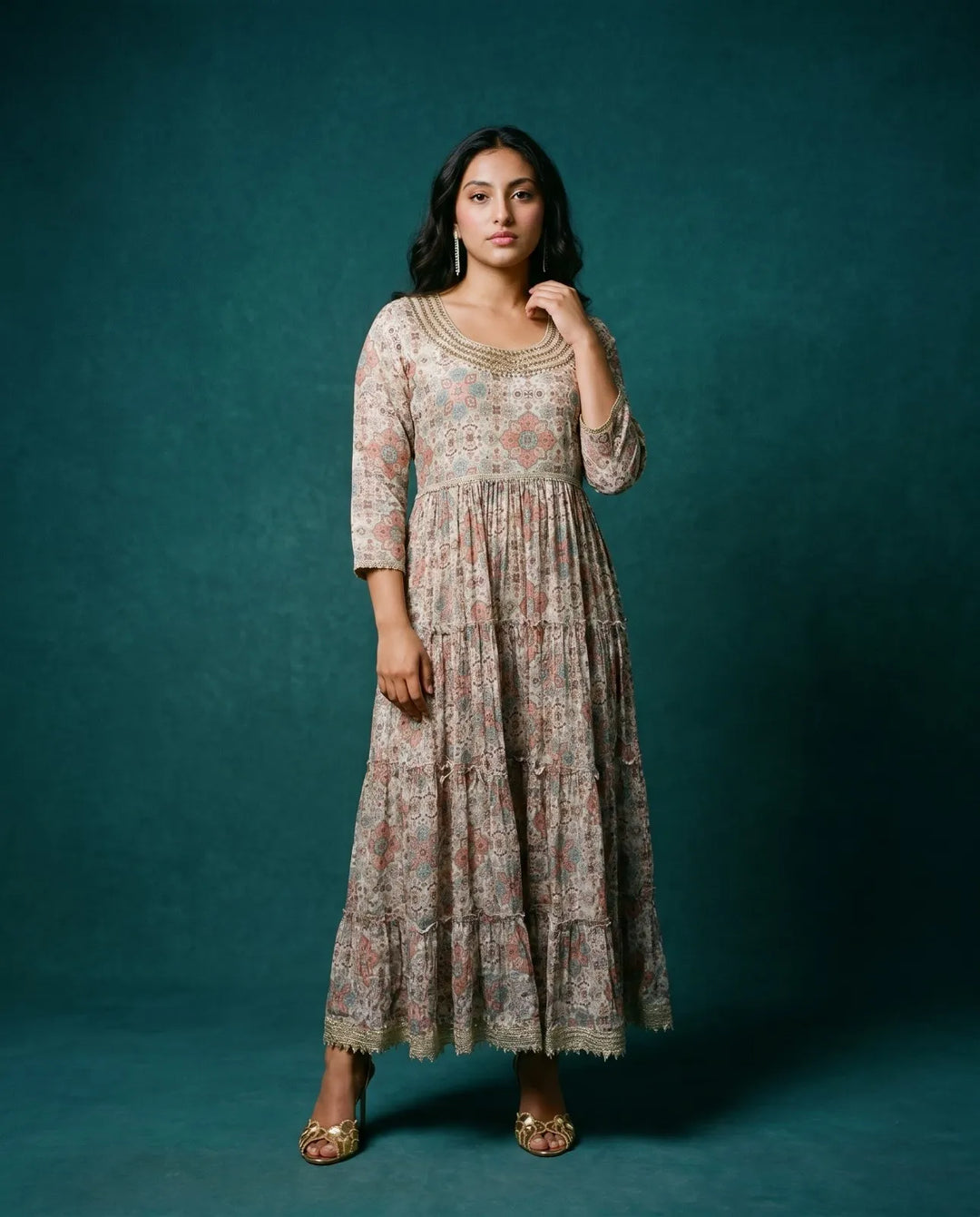 Multi Colour Printed Silk Blended Maxi Dress