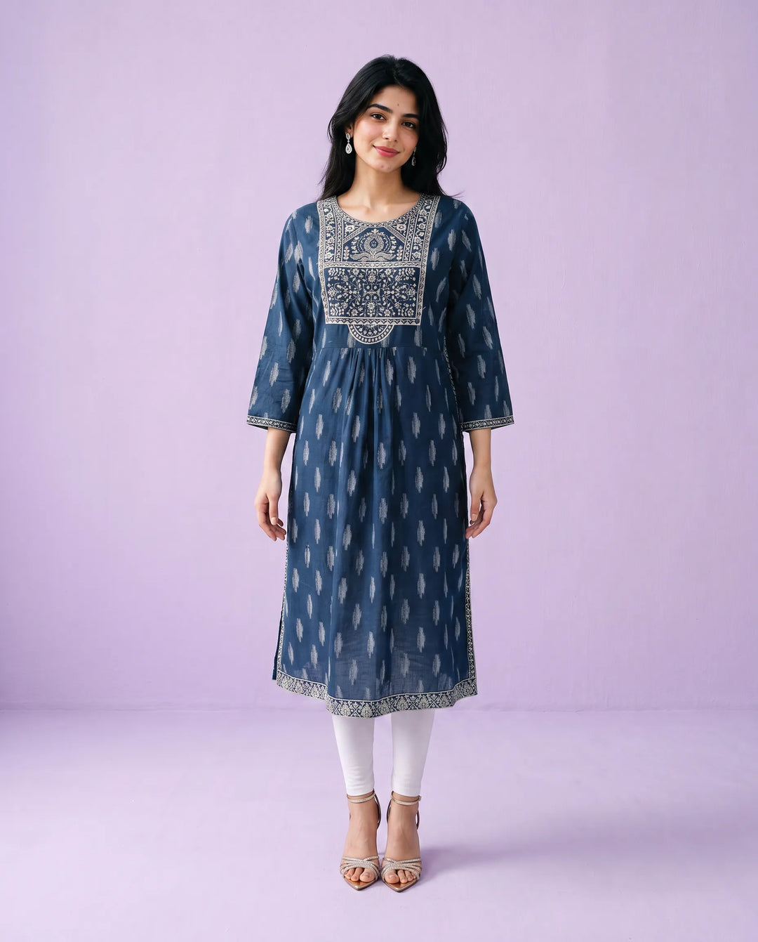 Navy Embroidered Cotton A- Line Long Kurta