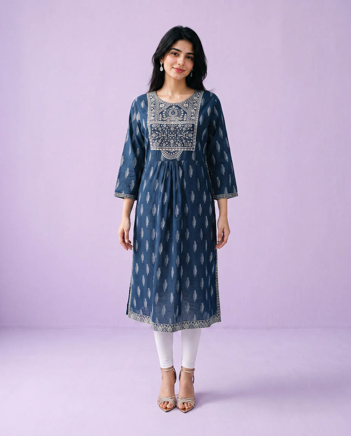 Navy Embroidered Cotton A- Line Long Kurta