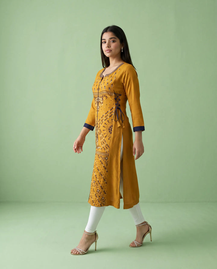 Yellow Embroidered Rayon Straight cut Long Kurta