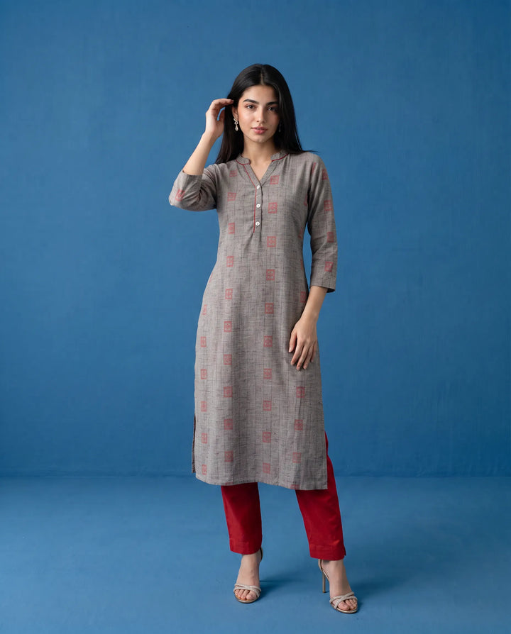 Grey Printed Cotton Straight cut Long Kurta