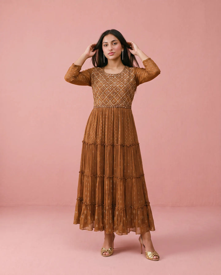 Brown Embriodered Georgette Maxi Dress