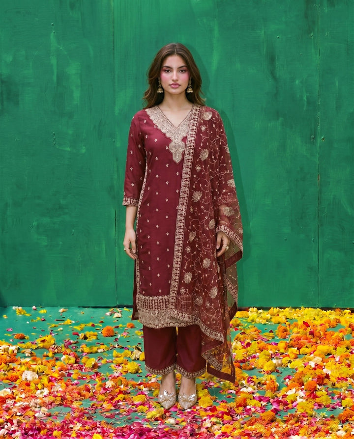 Maroon Embriodered Silk Blended Kurta Bottom Dupatta Set
