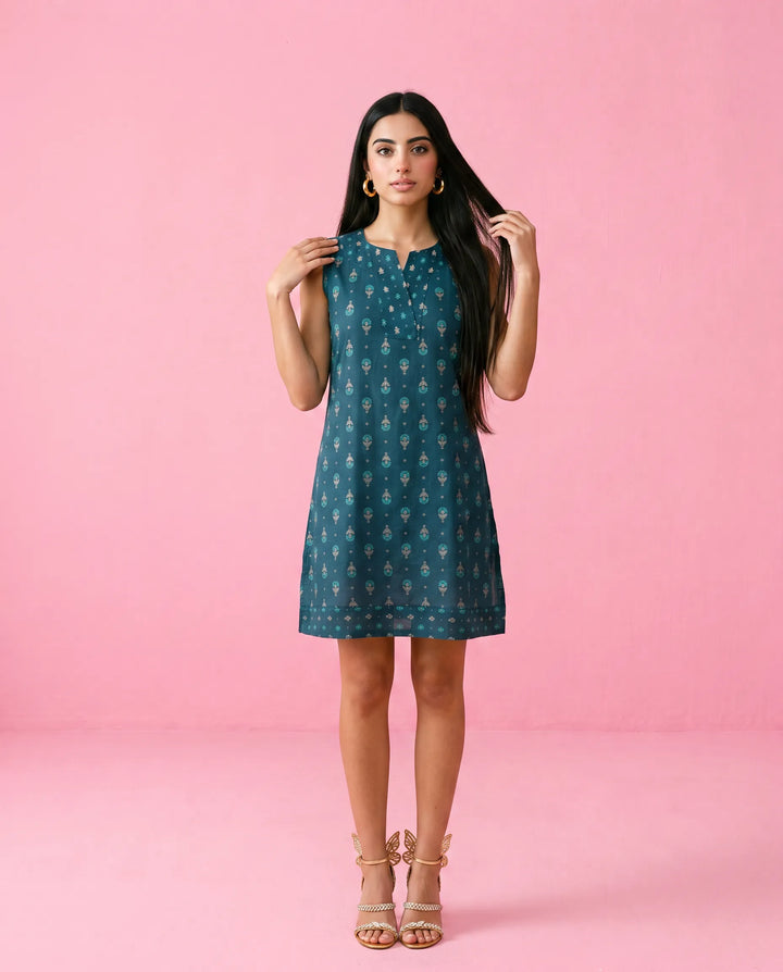 Blue Printed Cotton Midi Dress