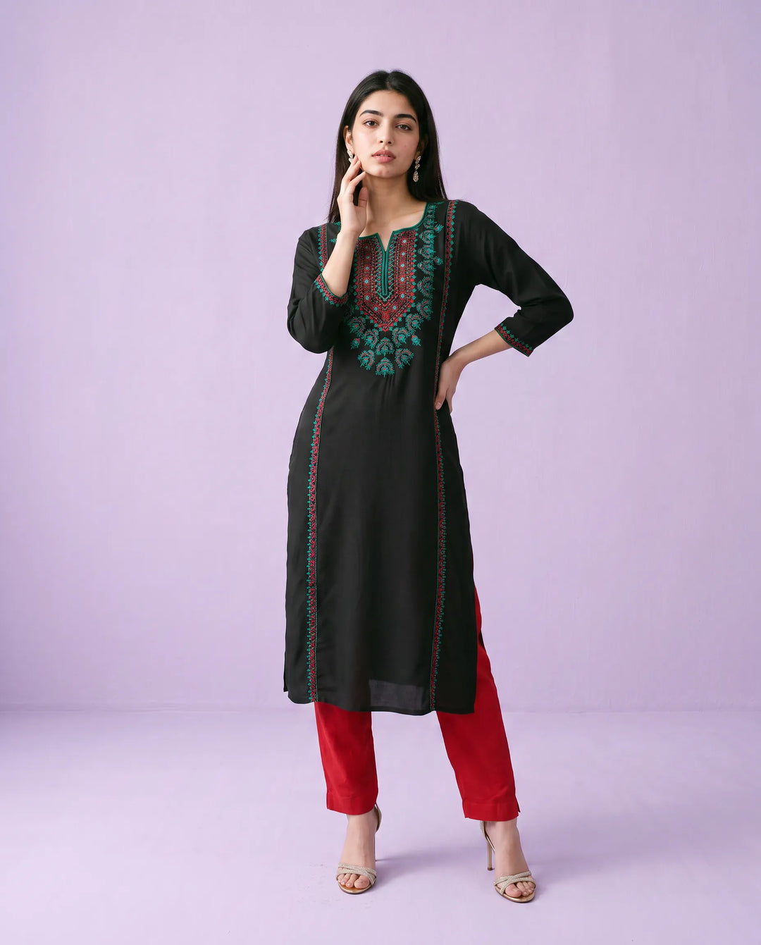 Black Embroidered Cotton Straight cut Long Kurta
