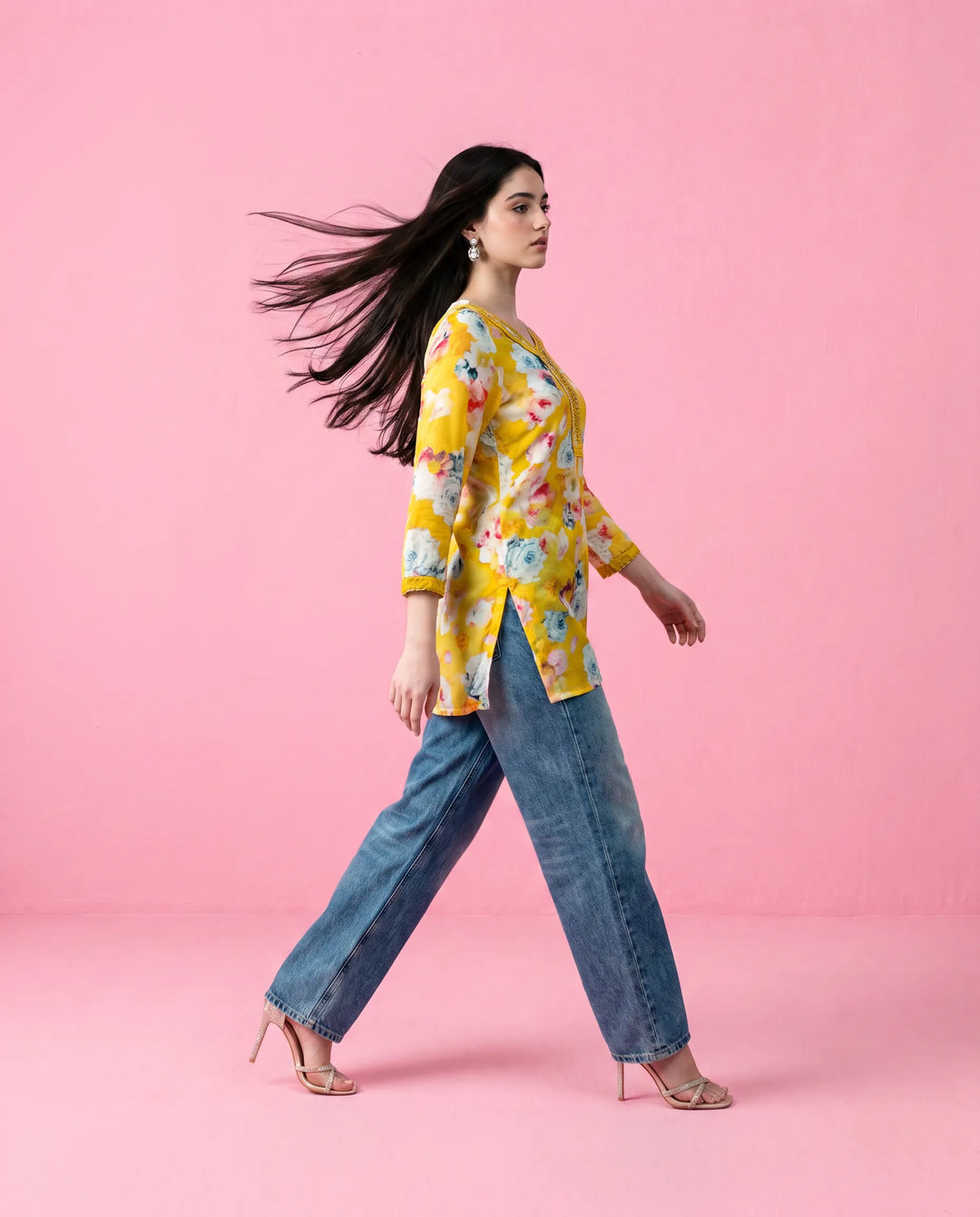Yellow Printed Crepe Silk Short Kurti