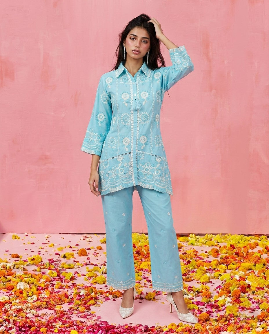 Blue Embroidered Cotton Satin Co-Ord Set