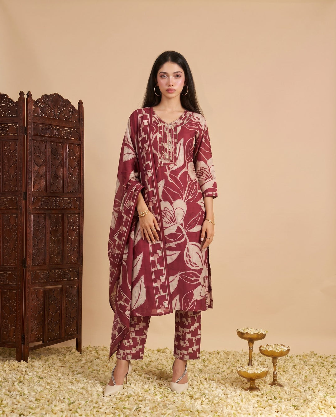 Magenta Printed Chanderi Kurta Bottom Dupatta Set