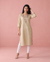 Beige Embroidered Cotton Straight cut Long Kurta
