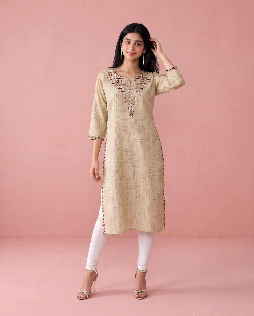 Beige Embroidered Cotton Straight cut Long Kurta