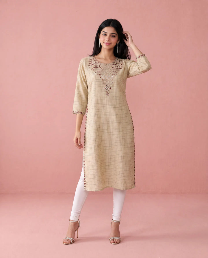 Beige Embroidered Cotton Straight cut Long Kurta