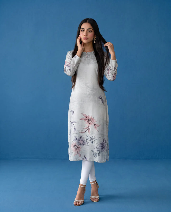 Grey Printed Crepe Silk Straight cut Long Kurta