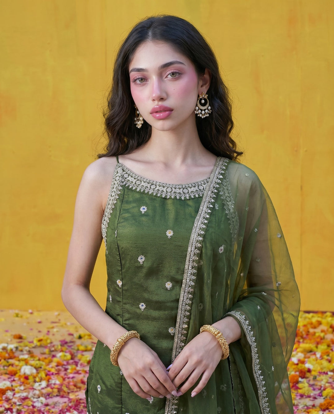 Green Embriodered Silk Blended Spaghetti Strap Kurta Bottom Dupatta Set