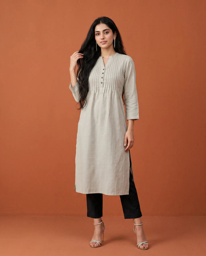Grey Solid Cotton Straight cut Long Kurta