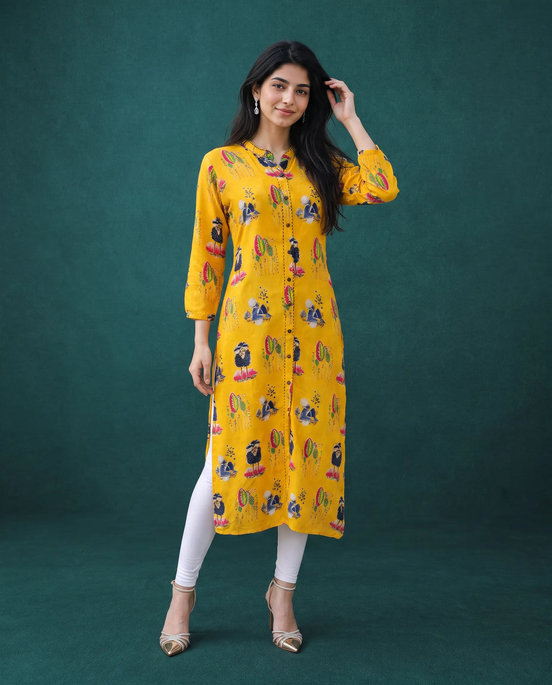 Yellow Printed Rayon Straight cut Long Kurta