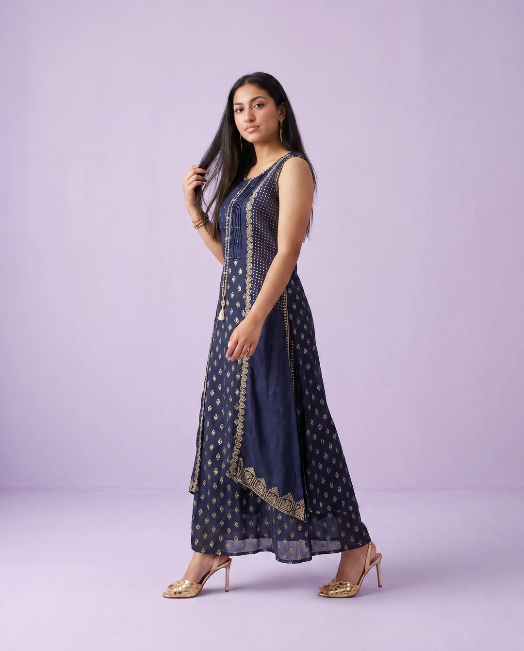 Navy Printed Rayon Sleeveless Maxi Dress