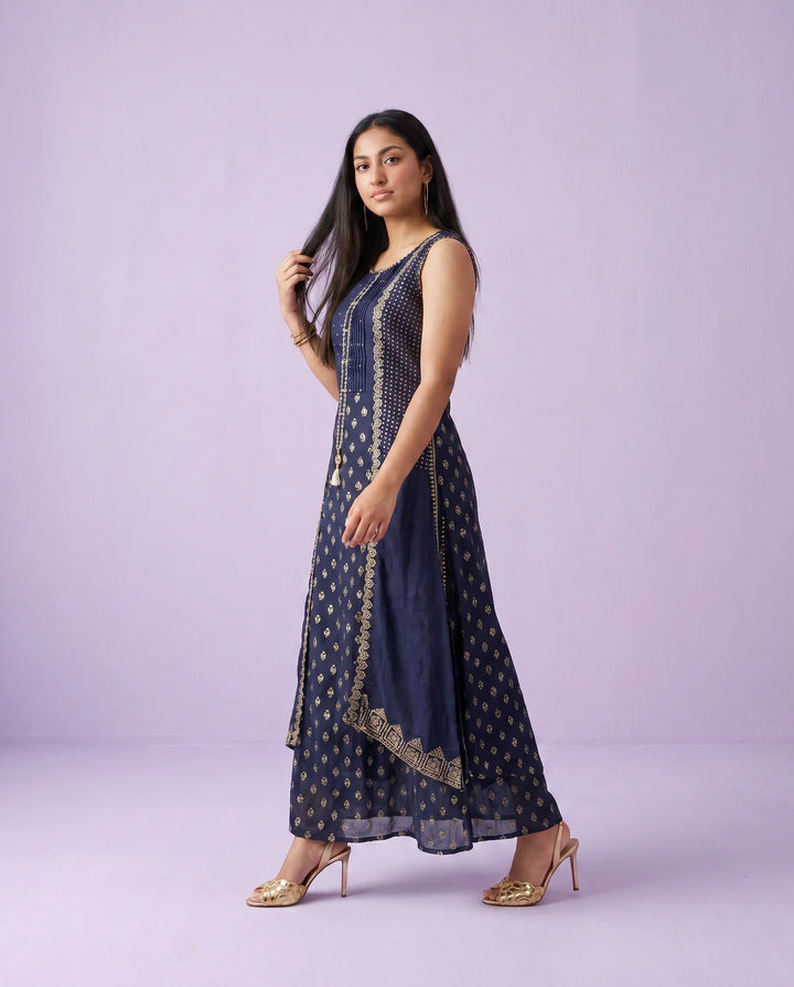 Navy Printed Rayon Sleeveless Maxi Dress