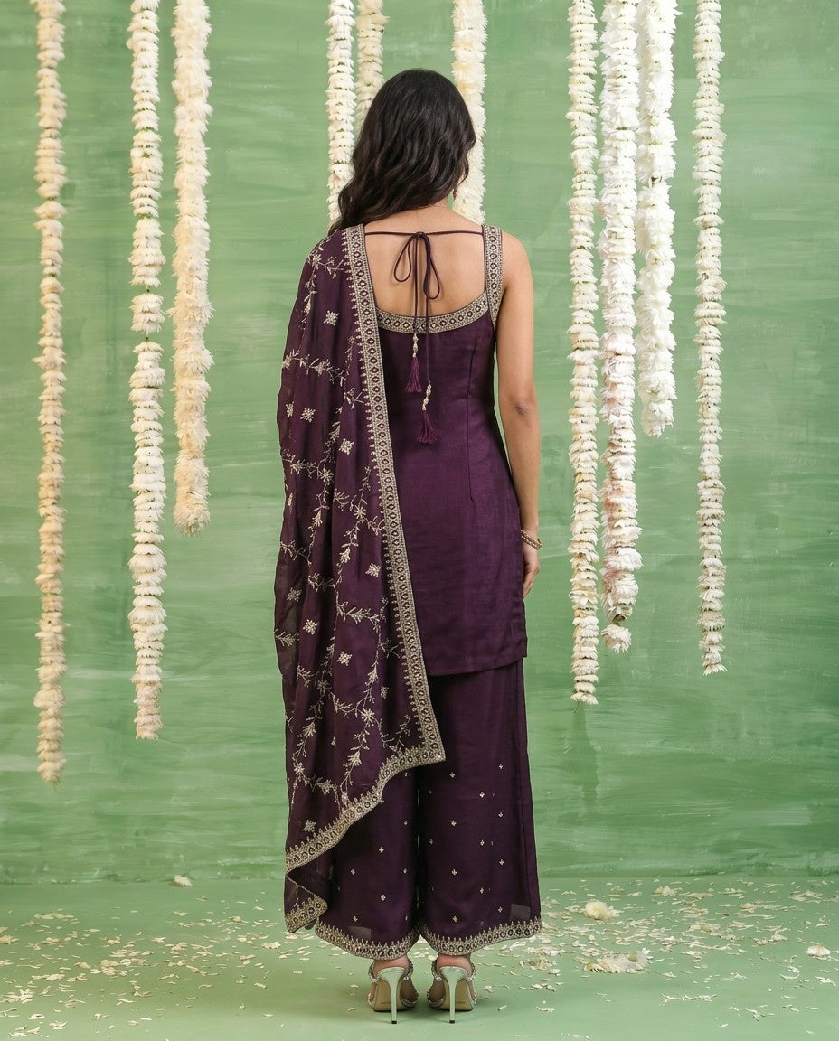Wine Embriodered Silk Blended Sleeveless Kurta Bottom Dupatta Set