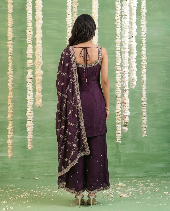 Wine Embriodered Silk Blended Sleeveless Kurta Bottom Dupatta Set
