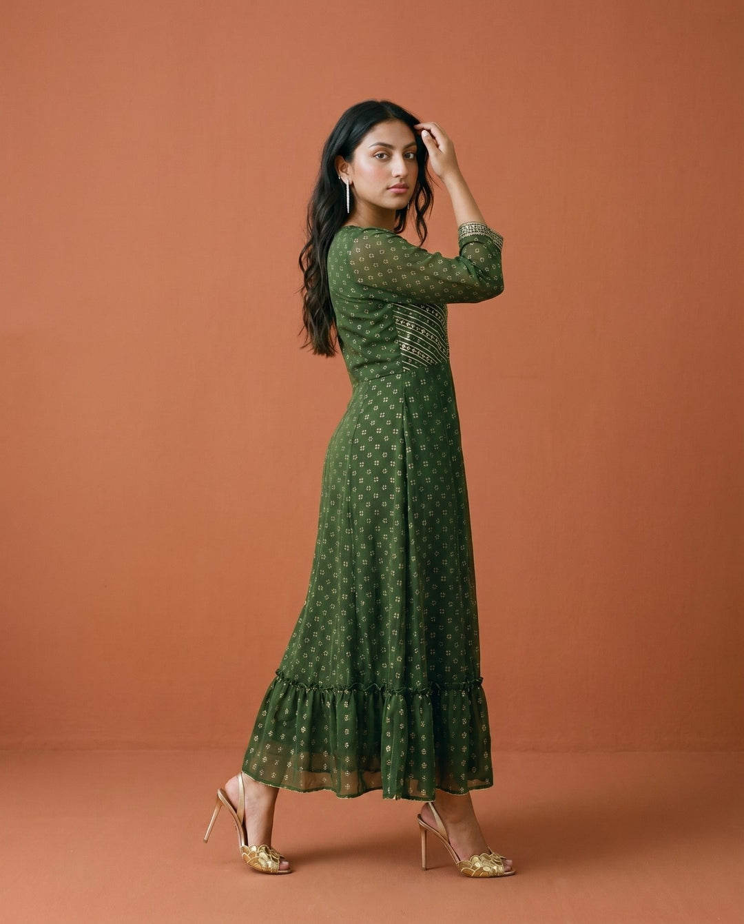 Bottle Green Embriodered Georgette Maxi Dress
