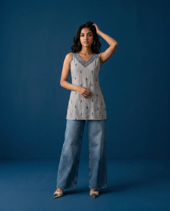 Grey Embroidered Cotton Blended Sleeveless Short Kurti