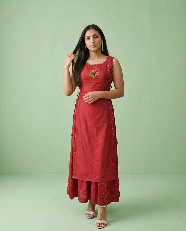 Maroon Printed Viscose Blended Sleeveless Maxi Dress