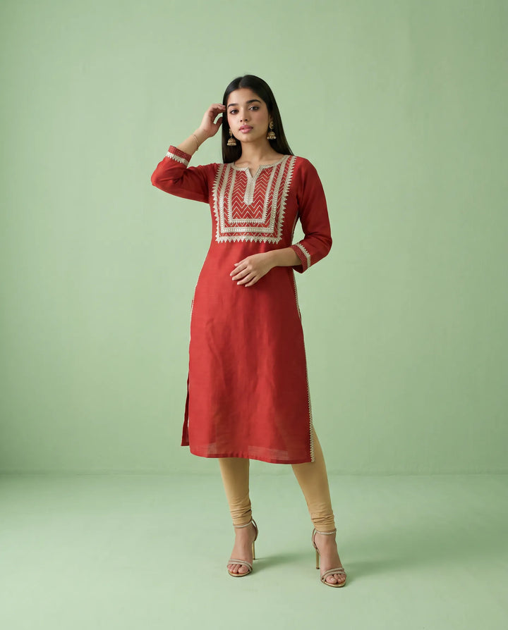 Maroon Printed Silk Blended Straight cut Long Kurta