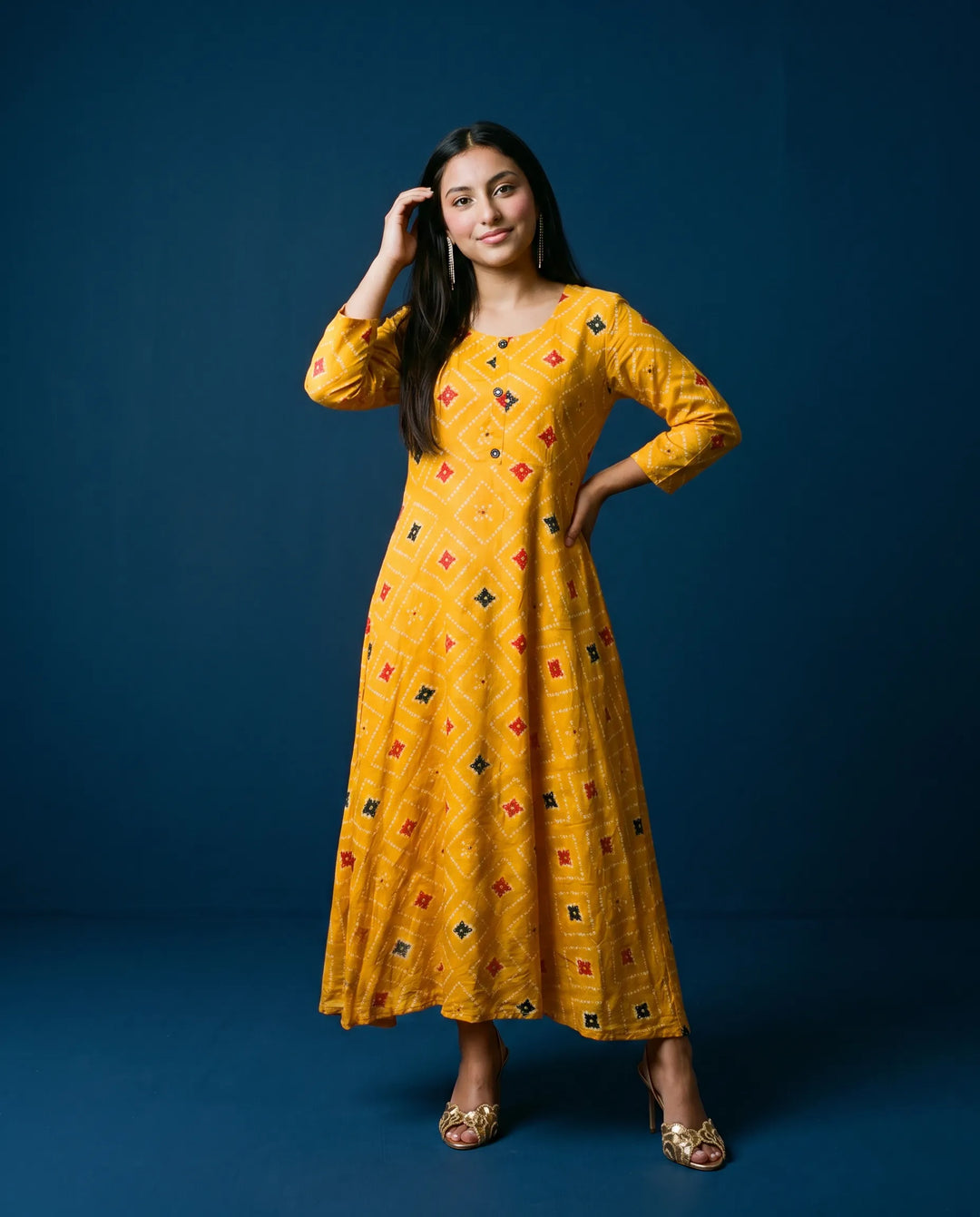 Mustard Printed Rayon Maxi Dress