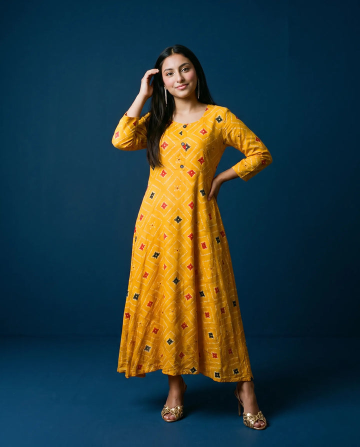 Mustard Printed Rayon Maxi Dress