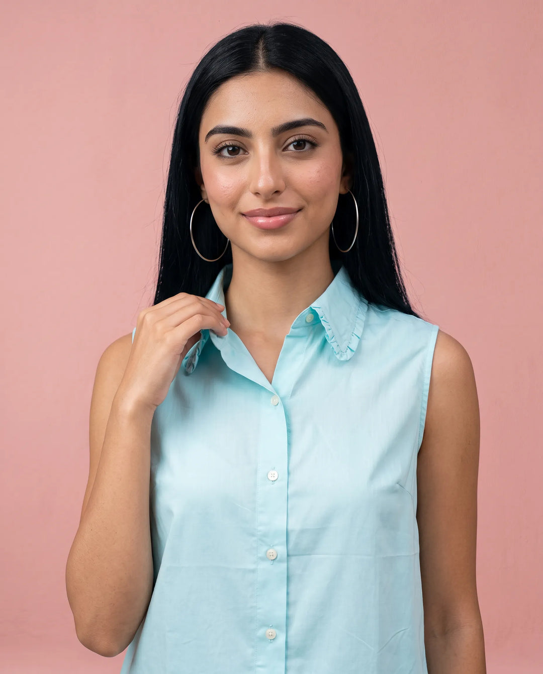 Sky Blue Solid Cotton Satin Sleeveless Top