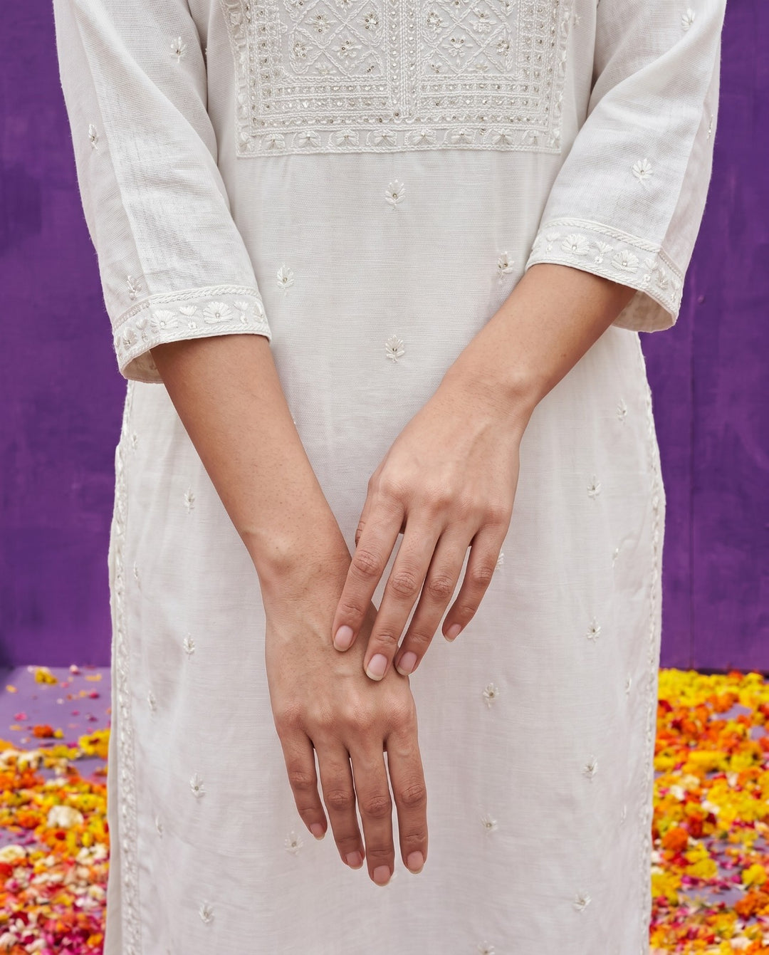 White Embroidered Viscose Blended Straight cut Long Kurta