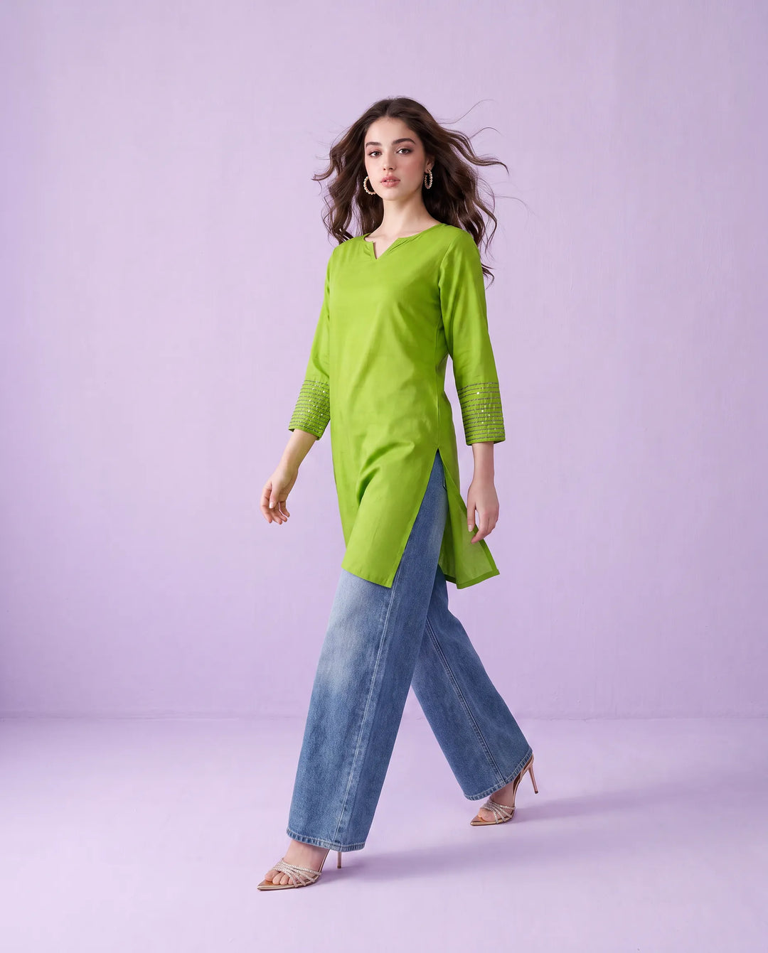 Lemon Embroidered Cotton Short Kurti