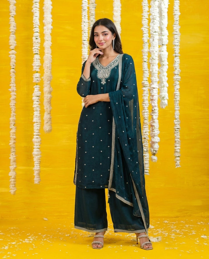 Bottle Green Embriodered Silk Blended Kurta Bottom Dupatta Set