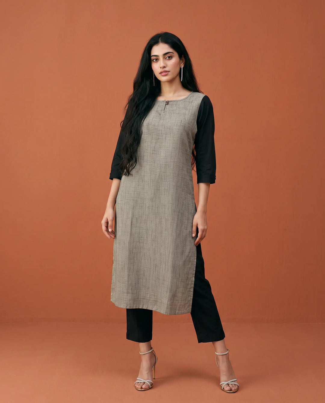 Grey Printed Rayon Straight cut Long Kurta