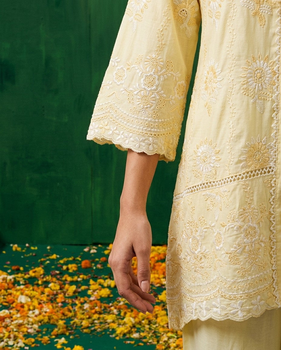 Yellow Embroidered Cotton Satin Co-Ord Set