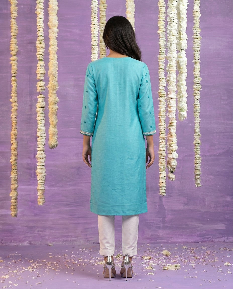 Sky Blue Embroidered Viscose Blended Straight cut Long Kurta